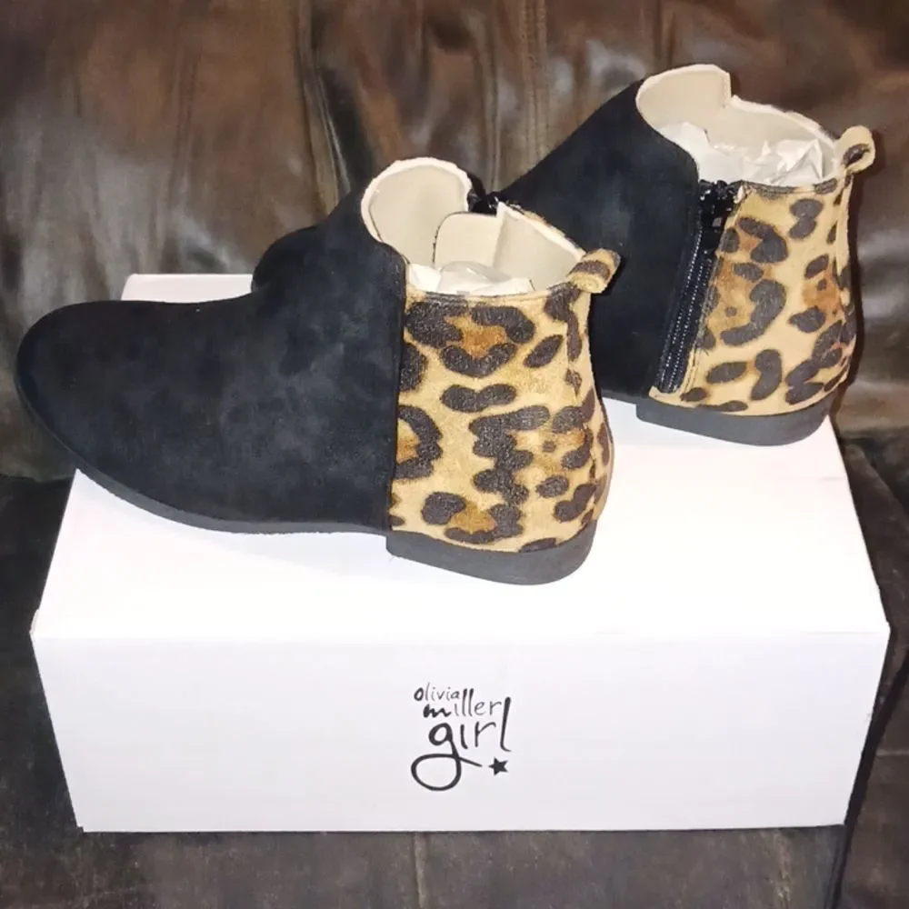 Olivia Miller Girls Black Leopard Ankle Boots